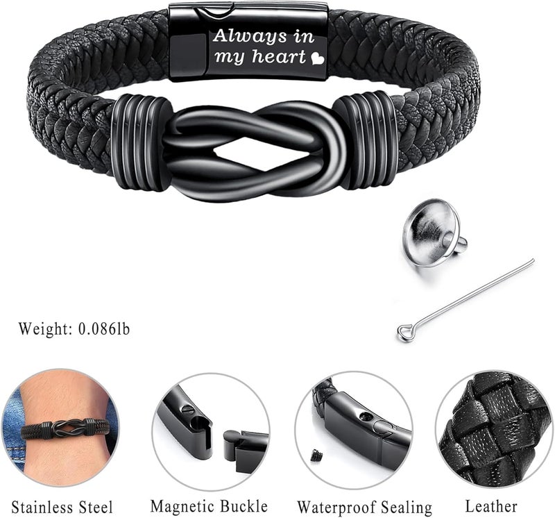 YOUFENG Urn Bracelet for Human Ashes Leather Cremation Knot Cross Bracelet Stainless Steel Keepsake Cuff Bangle Jewelry for Men - Image 2